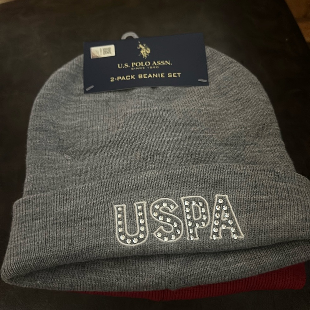 US POLO ASSN 2 PACK BEANIE SET: GRAY/RED: NEW WITH TAGS